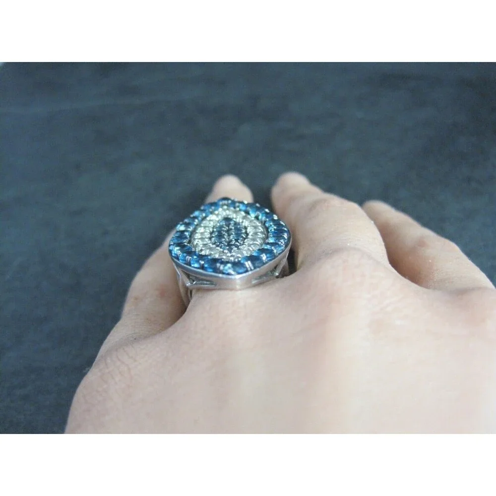 Large Sterling Blue & White Topaz Eye Ring Size 6